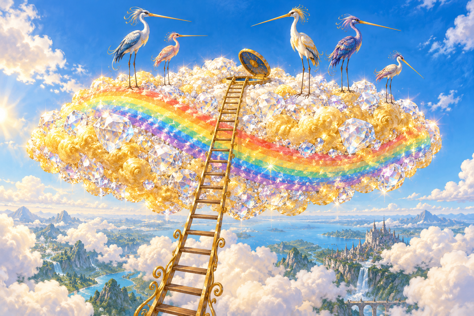 Een reusachtige wolk van goud en diamant met een regenboog erdoorheen, een lange ladder naar een klepje bovenop, en gekke vogels met lange poten en snavels.