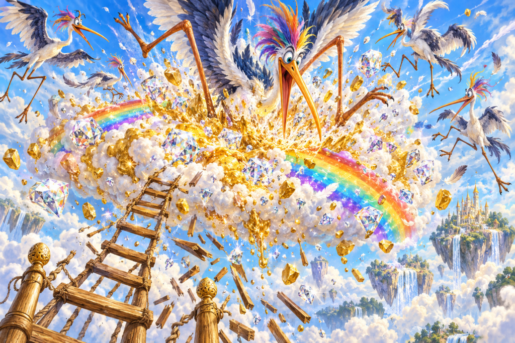 Een grote vogel stort midden op de glinsterende wolk van goud en diamant, waardoor stukken alle kanten op vliegen en de ladder breekt.