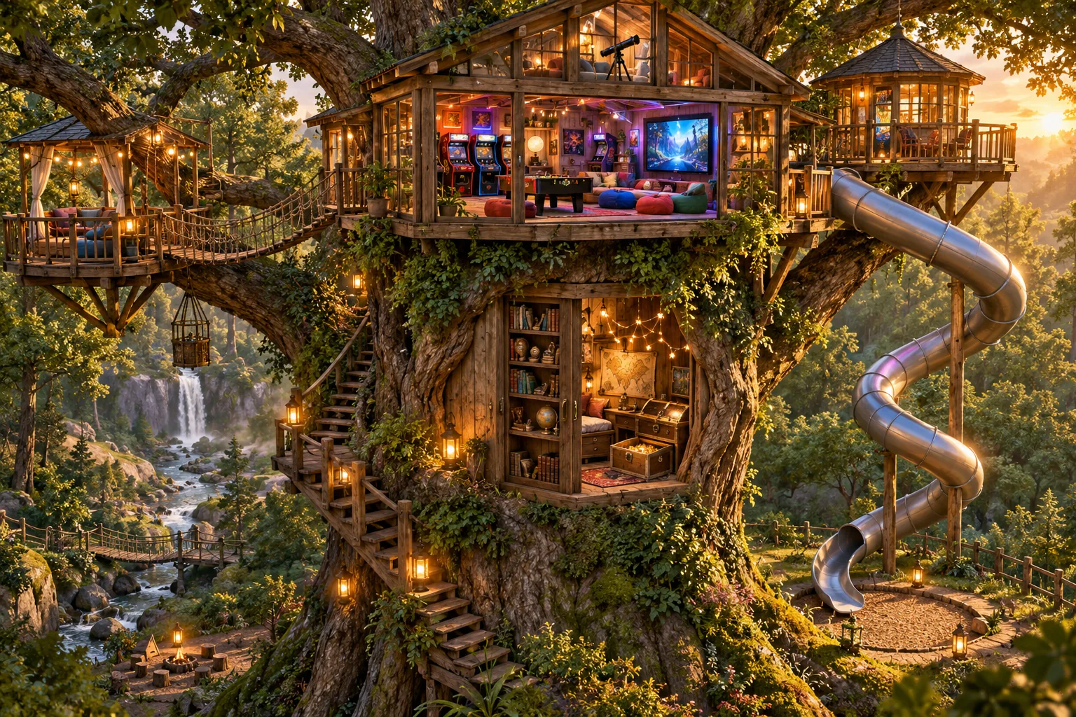 Grote boomhut in een boom met een gamekamer vol lampjes, een groot scherm en zitzakken, en een lange zilveren glijbaan die naar beneden kronkelt