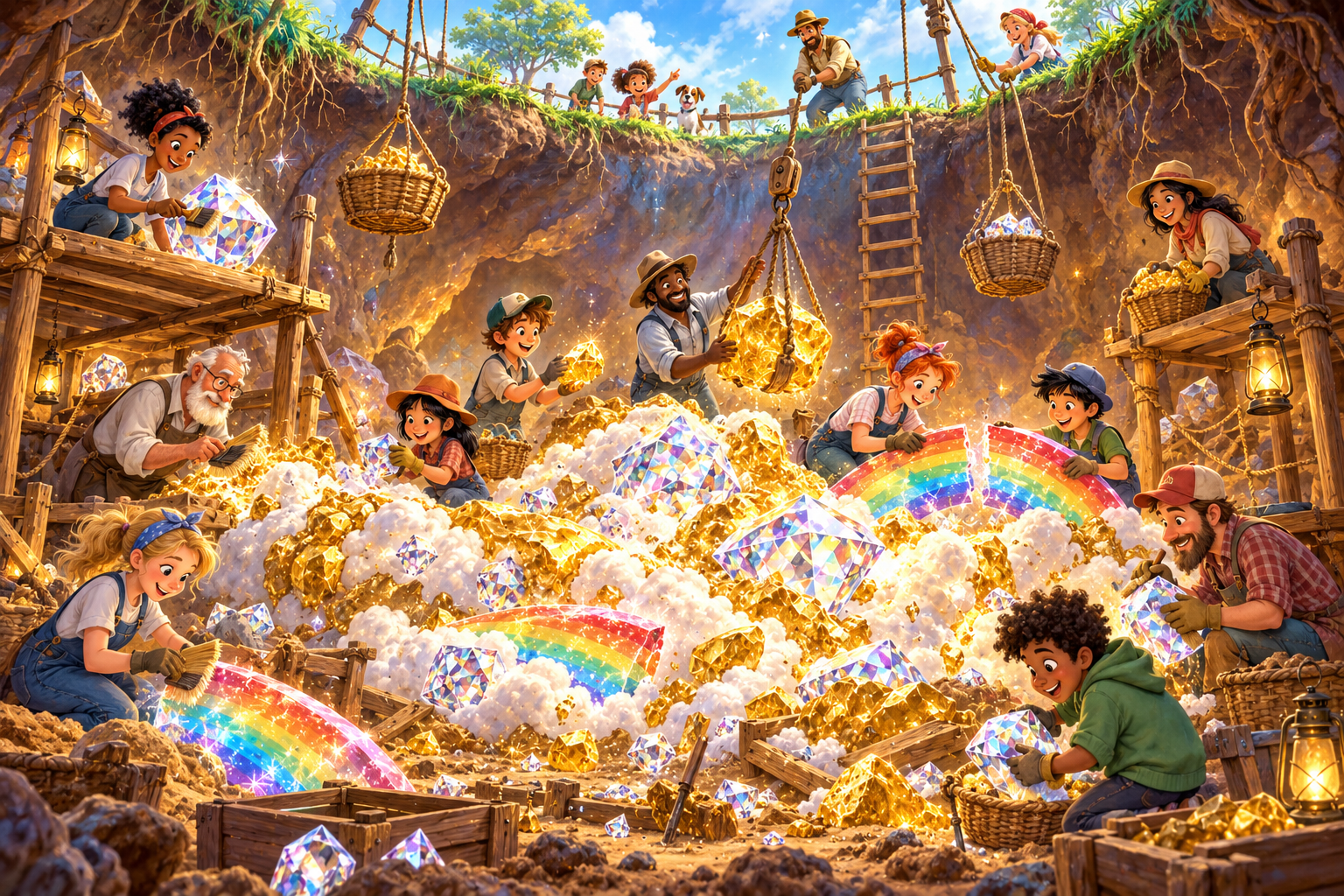 Mensen graven in een grote kuil goud, diamanten en stukjes regenboog uit een witte wolkenhoop en hijsen die in manden omhoog